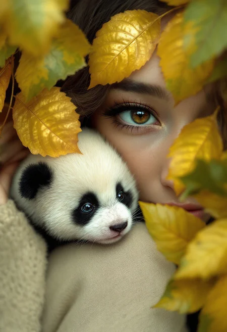 A captivating ultra-realistic photoshoot. A tiny baby panda with a detailed head, rest on a woman's shoulder and the side of her face. One eye is visible and is detailed, with a deep black hue and visible eyelashes. The panda's head is positioned near the eye, and its body on her shoulder, creating an almost protective or enveloping effect. The background is filled with large, vibrant green and golden leaves, which add a sense of depth and contrast to the image. The overall color palette is rich, with shades of green, brown, and gold dominating the scene.