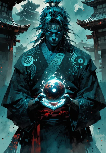 score_9, score_8_up, score_7_up, ((watercolor style)), An imposing samurai warrior, standing amidst a ancient japan cityscape dominated by towns covered in glowing fantastic data, multimedia graphics, and media. His form is made of shiny metallic hues, with gold circuitry and blue-green LED lights running across his  skin. His eyes gleam like moving stock quotes, filled with numbers, and his loose robe is composed of spiraling encrypted digital symbols, programming language, and data and information streams. In one hand, he holds a large glowing orb representing the digital world, with blue and red languages ​​chaotically interacting within it. In the other hand, he holds another orb representing the connectivity between the digital and real worlds. The background is alive with flickering screens, fluctuating code, and skyscrapers bending and shifting as if responding to her will. His expression is intense and commanding, embodying the volatility and power of the Internet reflected in the shifting lights around his. nvcmsdx