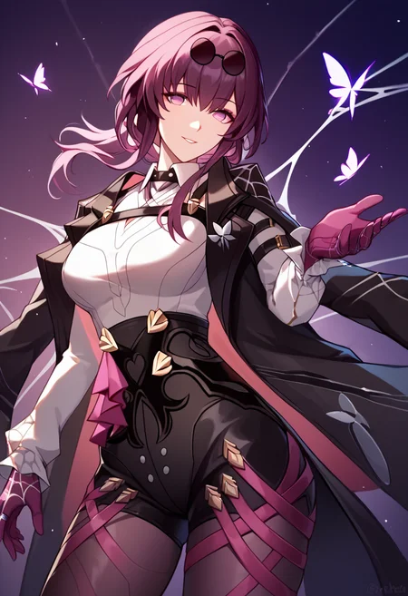 score_9, score_8_up, score_7_up, <lora:kafka_1k_pony:1>,kafka_\(honkai:_star_rail\), purple-tinted_eyewear, looking_over_eyewear, highres, purple_gloves, high-waist_shorts, purple_pantyhose, black_jacket, round_eyewear, ponytail, sunglasses, large_breasts, 1girl, collared_shirt, absurdres, long_sleeves, black_shorts, breast_focus, butterfly_ornament, spider_web_print, pantyhose_under_shorts