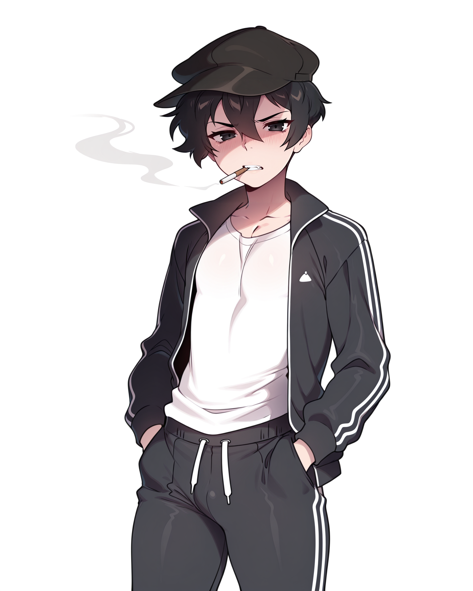 IllustriousQual_1017896, detailed face, detailed body, matemi_style, linear hatching, OCDamien, 1boy, solo, otoko no ko, toned, nose shade, black hair, black eyes, very short hair, pixie cut, hair between eyes, black flat cap, gopnik, cigarette in mouth, black track suit, white t-shirt,  scowl, gritting teeth, looking at viewer, facing viewer, hands in pockets,cowboy shot, simple background, white background, <lora:StS-Illustrious-Detail-Slider-v1.0:5><lora:hand 5.5_903007:0.9><lora:OC_Damien:1> <lora:StS_Age_Slider_Illustrious_v1:3><lora:il_brightness_slider_d1_1133126:0><lora:Muscle slider 3_last:2><lora:PP slider_last:-1> <lora:[Matemi] Artist Style Illustrious_1201870:1>