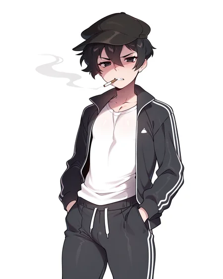 IllustriousQual_1017896, detailed face, detailed body, matemi_style, linear hatching, OCDamien, 1boy, solo, otoko no ko, toned, nose shade, black hair, black eyes, very short hair, pixie cut, hair between eyes, black flat cap, gopnik, cigarette in mouth, black track suit, white t-shirt,  scowl, gritting teeth, looking at viewer, facing viewer, hands in pockets,cowboy shot, simple background, white background, <lora:StS-Illustrious-Detail-Slider-v1.0:5><lora:hand 5.5_903007:0.9><lora:OC_Damien:1> <lora:StS_Age_Slider_Illustrious_v1:3><lora:il_brightness_slider_d1_1133126:0><lora:Muscle slider 3_last:2><lora:PP slider_last:-1> <lora:[Matemi] Artist Style Illustrious_1201870:1>