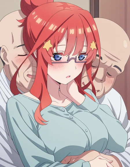 masterpiece, best quality, amazing quality,, <lora:itsuki-nakano-honeymoon-illustriousxl-lora-nochekaiser:1>, itsuki nakano, long hair, blue eyes, hair ornament, red hair, glasses, hair bun, star (symbol), semi-rimless eyewear, under-rim eyewear, star hair ornament, mature female, breasts, anime screencap, <lora:kissing-neck-illustriousxl-lora-nochekaiser:1>, kissing neck, open mouth, holding, hetero, hug, kiss, hug from behind, blush, looking at another, closed eyes, head on another's shoulder, , <lora:faceless-ugly-man-illustriousxl-lora-nochekaiser:1>, faceless ugly man, faceless, ugly man, fat, faceless male, fat, bald, mature male,,