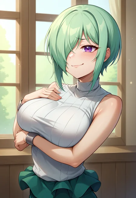 score_9,score_8_up,score_7_up BREAK 1girl,jelodruj,solo,indoors,arm under breasts,hand on own chest,green hair,purple eyes,hair over one eye,turtleneck sweater,sleeveless,grey wristband,green skirt,pencil skirt,medium skirt,looking at viewer,smug,<lora:Druj-JeloXL-000008:1>,