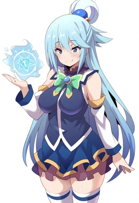 ((score_9, score_8, score_7)), source_anime, (highly detailed), simple background, smile, Konno Tohiro style, aqua \(konosuba\), long hair, blue eyes, hair ornament, very long hair, blue hair, hair rings, single hair ring, hair bobbles,, skirt, shirt, thighhighs, bare shoulders, detached sleeves, white thighhighs, blue skirt, blue shirt, green bow, dynamic please, water spell, water magic, magic spell
