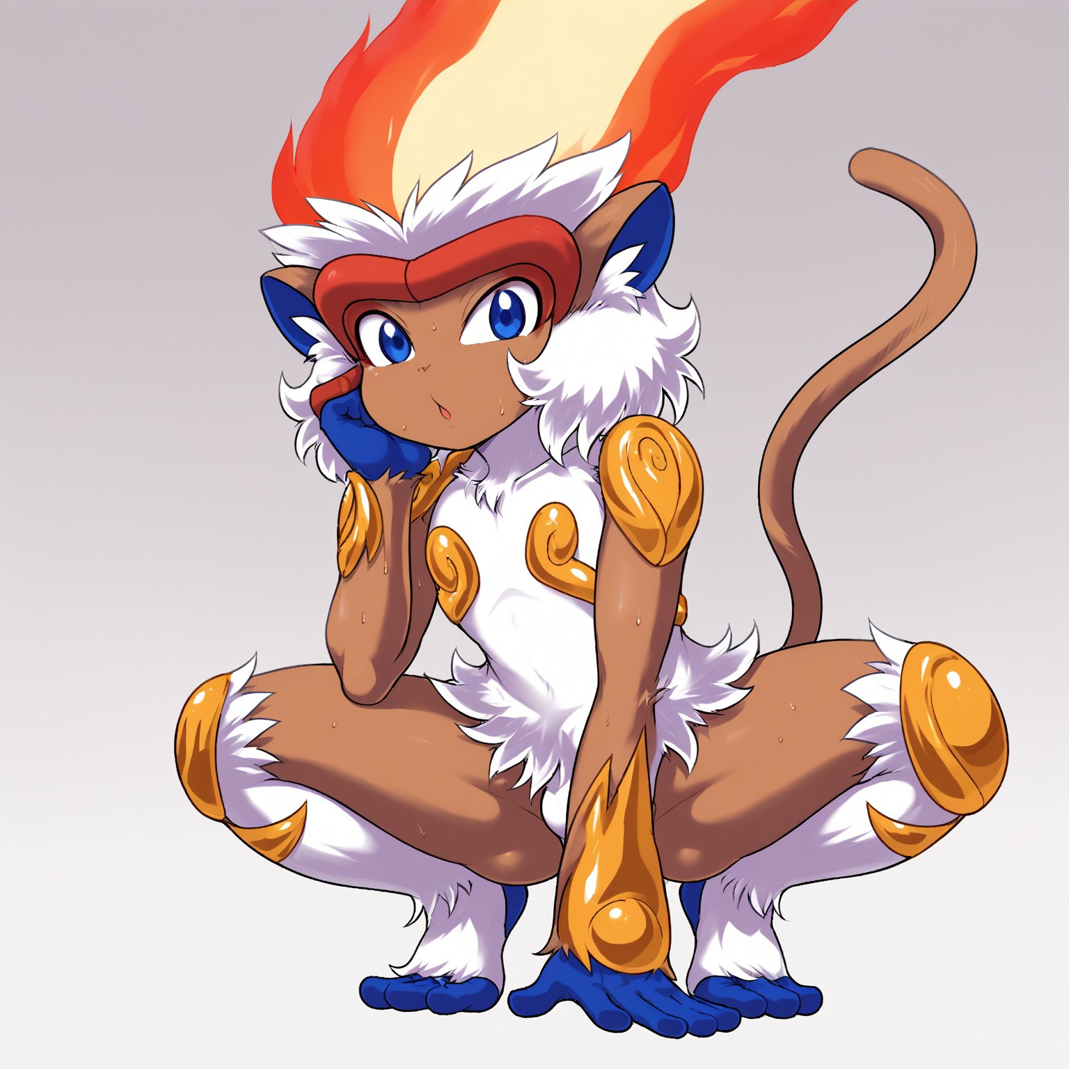 infernape, Pokemon, Anthro, Monkey, brown skin, white fur, pointy ear, tail, fire hair, gold plates, shoulder plates, kneepads, male, slender, looking at viewer, squatting, (monkey poses), five finger, full body, dynamic pose, score_9, score_8_up, correct anatomy
