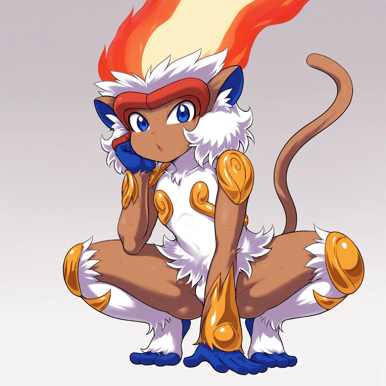infernape, Pokemon, Anthro, Monkey, brown skin, white fur, pointy ear, tail, fire hair, gold plates, shoulder plates, kneepads, male, slender, looking at viewer, squatting, (monkey poses), five finger, full body, dynamic pose, score_9, score_8_up, correct anatomy