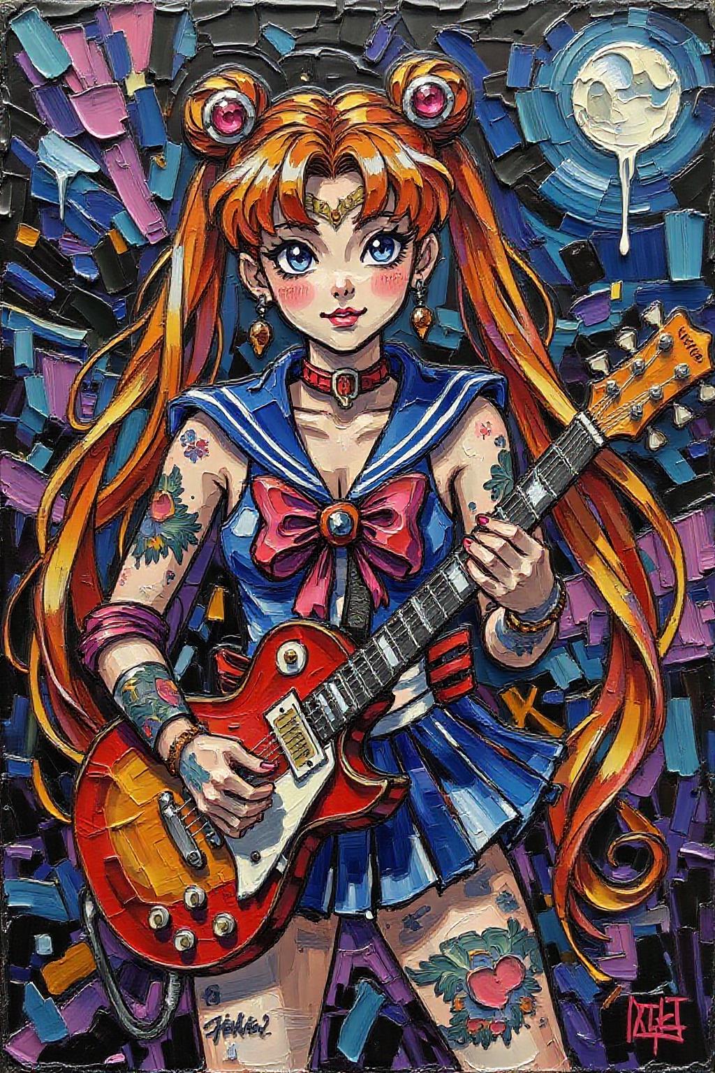 impasto oil painting. 
punk sailor moon playing a guitar at a heavy metal mosh pit, tattoos, piercing <lora:impasto_nocap_d6a3:1.0> <lora:Flux-Sch-SingleBlocks-BF16:1.0><lora:802454497113673061:0>