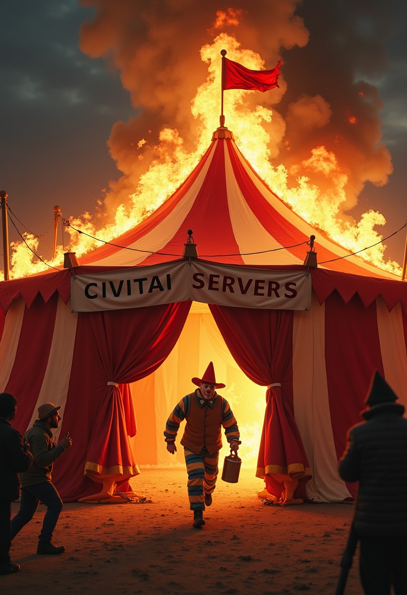 Circus tent on fire, banner hanging with text "CIVITAI SERVERS", clown running away holding gasoline can