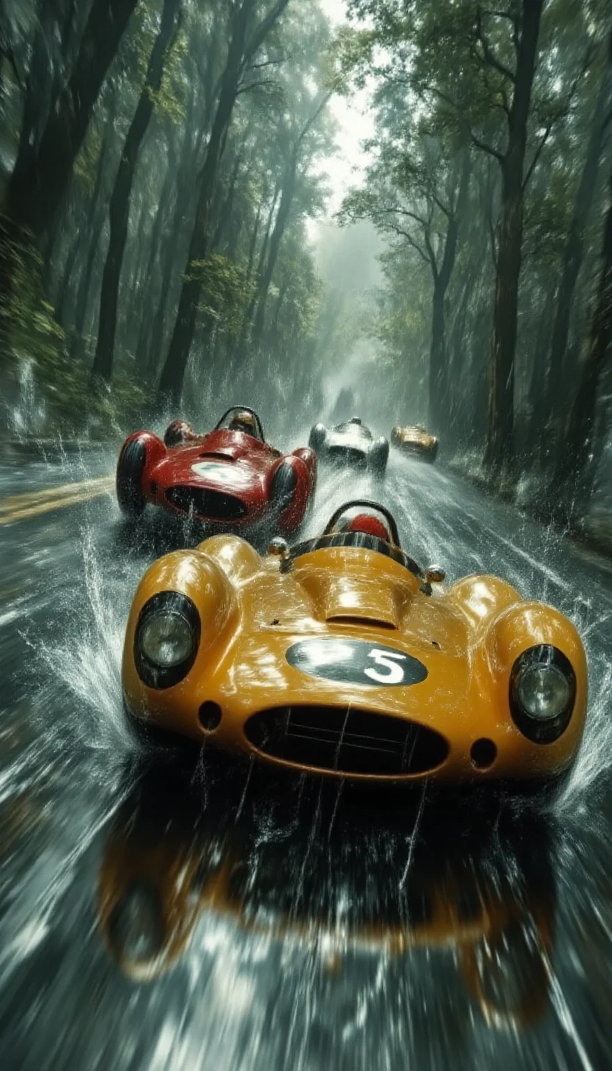 A high-resolution, cinematic illustration of a vintage Formula 1 race in a dense, rain-soaked forest, inspired by the aesthetics of 1950s and 1960s motorsport. The scene showcases dynamic motion, with a vibrant yellow race car marked "5" leading the pack, water spraying from beneath its tires as it speeds through a winding, glistening wet track. Other classic cars in bold reds and silvers follow closely, their forms blurred by the velocity. The forest is lush and atmospheric, with towering trees and a misty canopy filtering diffused, overcast light. Raindrops streak through the air, and reflective puddles scatter the road surface, adding depth and realism. The perspective intensifies the sense of speed and danger, emphasizing the thrill of racing in adverse weather conditions. Styled in a blend of photorealism and hyper-detailed artistic techniques, capturing both the nostalgic charm and adrenaline-pumping energy of the race. aidmaMJ6.1 <lora:aidmaMJ6.1v0.4:0.8>, aidmafluxproultra <lora:aidmaFluxProUltra:0.7>, Motion blur <lora:flux dtmh:0.6>, Anamorphic bokeh style <lora:Anamorphic bokeh v2:0.5>, in the style of Jed-clrfl <lora:flux-colourful:0.4>