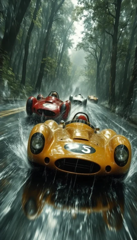 A high-resolution, cinematic illustration of a vintage Formula 1 race in a dense, rain-soaked forest, inspired by the aesthetics of 1950s and 1960s motorsport. The scene showcases dynamic motion, with a vibrant yellow race car marked "5" leading the pack, water spraying from beneath its tires as it speeds through a winding, glistening wet track. Other classic cars in bold reds and silvers follow closely, their forms blurred by the velocity. The forest is lush and atmospheric, with towering trees and a misty canopy filtering diffused, overcast light. Raindrops streak through the air, and reflective puddles scatter the road surface, adding depth and realism. The perspective intensifies the sense of speed and danger, emphasizing the thrill of racing in adverse weather conditions. Styled in a blend of photorealism and hyper-detailed artistic techniques, capturing both the nostalgic charm and adrenaline-pumping energy of the race. aidmaMJ6.1 <lora:aidmaMJ6.1v0.4:0.8>, aidmafluxproultra <lora:aidmaFluxProUltra:0.7>, Motion blur <lora:flux dtmh:0.6>, Anamorphic bokeh style <lora:Anamorphic bokeh v2:0.5>, in the style of Jed-clrfl <lora:flux-colourful:0.4>