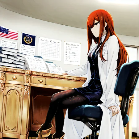 nsfw, highres, best quality, masterpiece, Female president of the United States, oval office, yellow walls, USA flags hanging, the White House, sitting behind the Resolute Desk, signing presidential bills, black suit, black tie., oval office, resolute desk, desk, Kurisu Makise, Long reddish-brown hair, Shoulder-length hair, Pale skin, Almond-shaped eyes, Brown eyes, Slender build, Wears a white lab coat, Often wears black stockings, Wears brown boots, Makise Kurisu