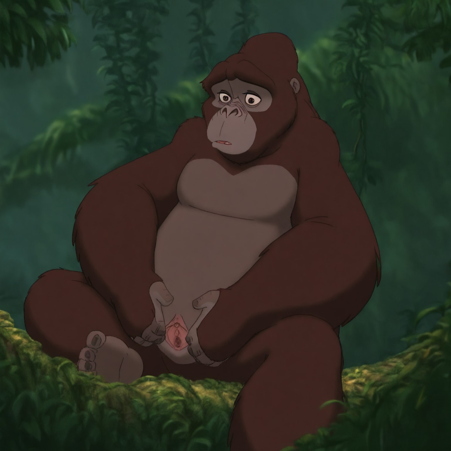 Kala, 1girl, solo, female gorilla, brown fur and brown eyes, light tan belly coloration, breasts, pussy, spreading pussy with fingers,  2d, cartoon, jungle