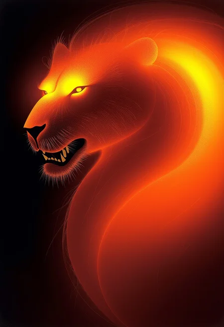 An ethereal image of a glowing, fiery lion with an intense, otherworldly gaze, its mane ablaze with vibrant orange and yellow flames against a dark backdrop, in the style of AETHR