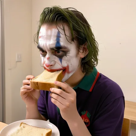 a joker eating a Polo bread., <lora:eatpan:0.8>