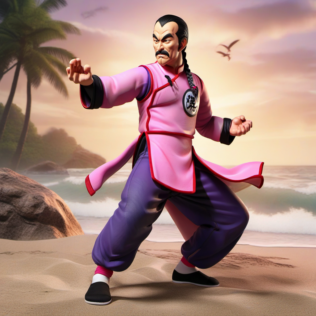 professional 3d model full body portrait 1boy, mustache, solo, single braid, black hair, pink and purple chinese clothes, facial hair, fighting stance, beach, jungle<lora:TaoPaiPai1024:0.8> . octane render, highly detailed, volumetric, dramatic lighting