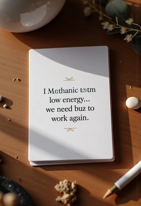 photo of an Affirmation card that says "Mechanic have low energy. We need Buzz to work again :( ", on wooden table, mechanic aesthetic