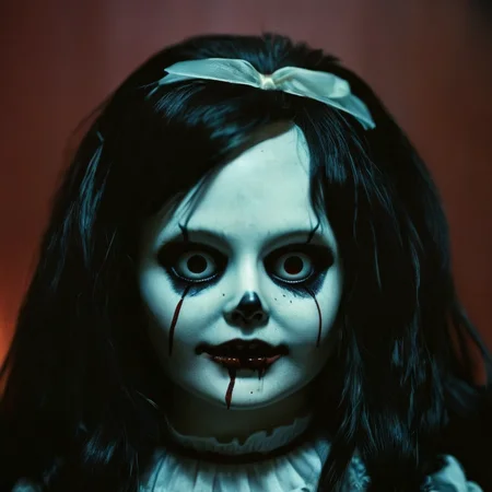 UHD, 4k, ultra detailed, cinematic, a photograph of <lora:perfection style:0.5> <lora:detailed:0.5> perfection detailed
<lora:The Shining film style:0.9>
<lora:1980's style:0.4>
In the 1980's in the Colorado Rocky Mountains a creepy doll face undead young woman with a bloody face and deep black eyes,1girl,solo,long hair,looking at viewer,simple background,black hair,closed mouth,black eyes,lips,black background,portrait,realistic,horror (theme) , cinematic, film, kodak, The Shining film style, epic, beautiful lighting, inpsiring