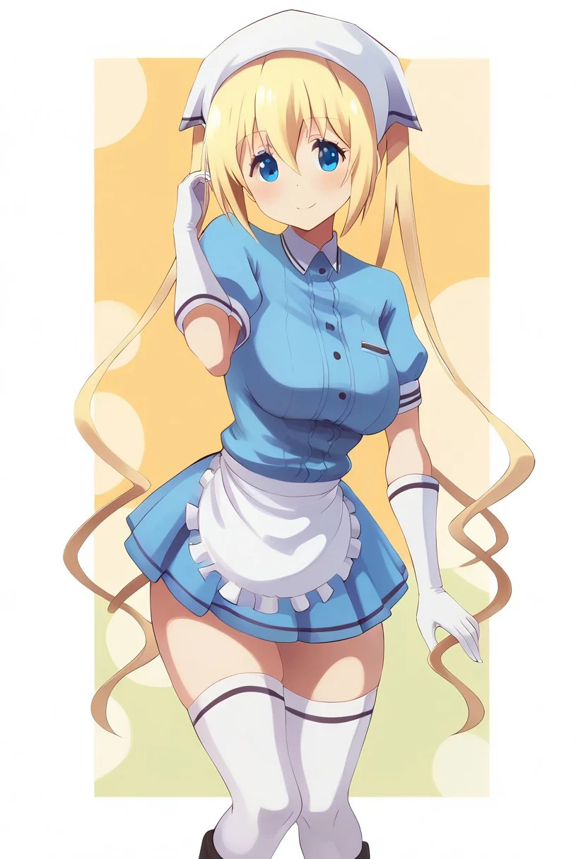 Nero, score_9, score_8_up, score_8, big breasts, (curvy), cute, eyelashes,
rating safe,
BREAK,
hinata kaho,blue eyes,blonde hair, twintails, long hair, head scarf,blue shirt,white apron,blue skirt,white thighhighs, gloves,black footwear
,BREAK,
smile, looking at viewer, cowboy shot,
abstract background,
zPDXL, Expressiveh