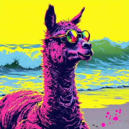 bo-neon, ArcaneFGTNR, a digital illustration in a vibrant, gothic style, 
A Alpaca wearing cool sunglasses, lounging on a sandy beach with waves crashing behind. The lobster's red shell gleams in the sunlight, and its oversized sunglasses reflect the bright blue sky., 
in the style of hauntingly atmospheric dark fantasy, VHS, horror, 80's horror with vibrant colors
 the background is a solid, bright yellow, which contrasts sharply with vivid colors, stand out vividly, the overall composition is dynamic, high quality, ultra detailed, colorful, grainy, cyberpunk fantasy