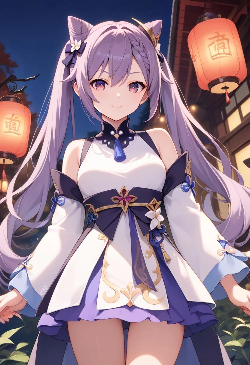 score_9, score_8_up, score_7_up, source_anime, best quality, masterpiece, 1girl, solo, smile. dutch angle, outdoors, night, Chinese lantern,
keqingcs, purple hair, cone hair bun, purple eyes, long hair, double bun, braid, twintails,