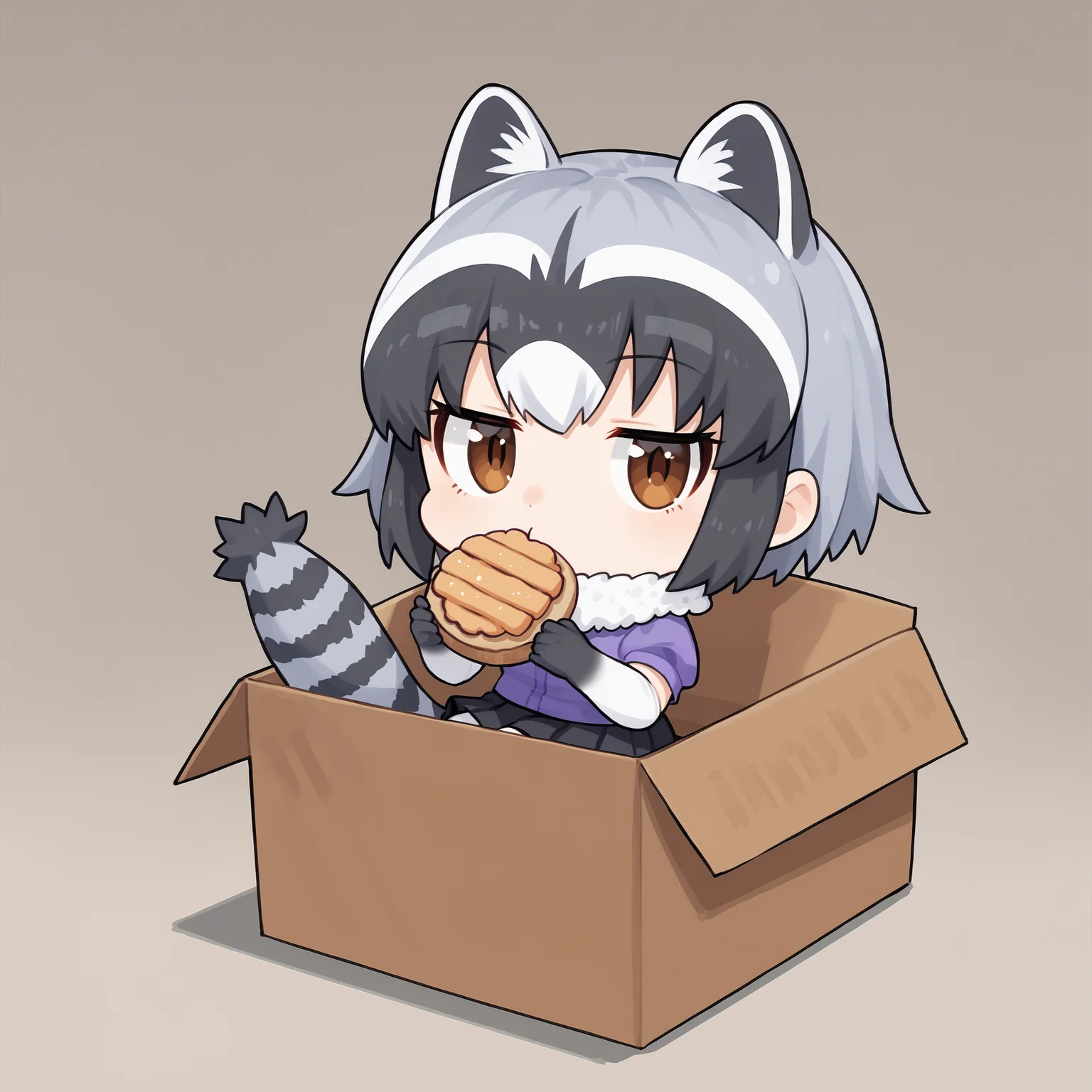 b0xe,in box,chibi,cardboard box, sitting,
score_9, score_7_up,
looking at viewer, holding food,
c0mmonracc00n, raccoon tail, striped tail, raccoon ears, extra ears, purple shirt, fur collar, black bow, puffy short sleeves, multicolored gloves, elbow gloves, black skirt, pleated skirt, white pantyhose
, <lora:kemonofriends_commonraccoon_ponyXL:1> <lora:chibi_box_b0xe_v2.1:1>
