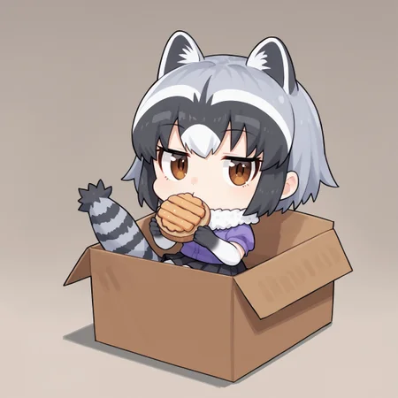 b0xe,in box,chibi,cardboard box, sitting,
score_9, score_7_up,
looking at viewer, holding food,
c0mmonracc00n, raccoon tail, striped tail, raccoon ears, extra ears, purple shirt, fur collar, black bow, puffy short sleeves, multicolored gloves, elbow gloves, black skirt, pleated skirt, white pantyhose
,  <lora:kemonofriends_commonraccoon_ponyXL:1>  <lora:chibi_box_b0xe_v2.1:1>