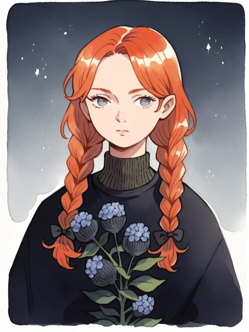 source_anime, score_9, score_8_up, score_7_up, score_6_up, score_5_up, black cat, twin braids, flower, ginger hair, grey eyes, <lora:h31k4l4XLP:1> h31k4l4, watercolor