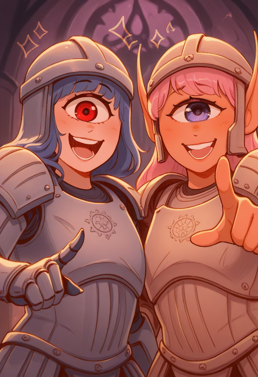 WhimsiFantasystyle,  masterpiece, best quality,   2girls, duo, close the viewer,  alien girls,  one eye cyclops, iron armor, fantasy dungeon background, cobble,   pointing at viewer and laughing, shocked,  looking at the viewer,