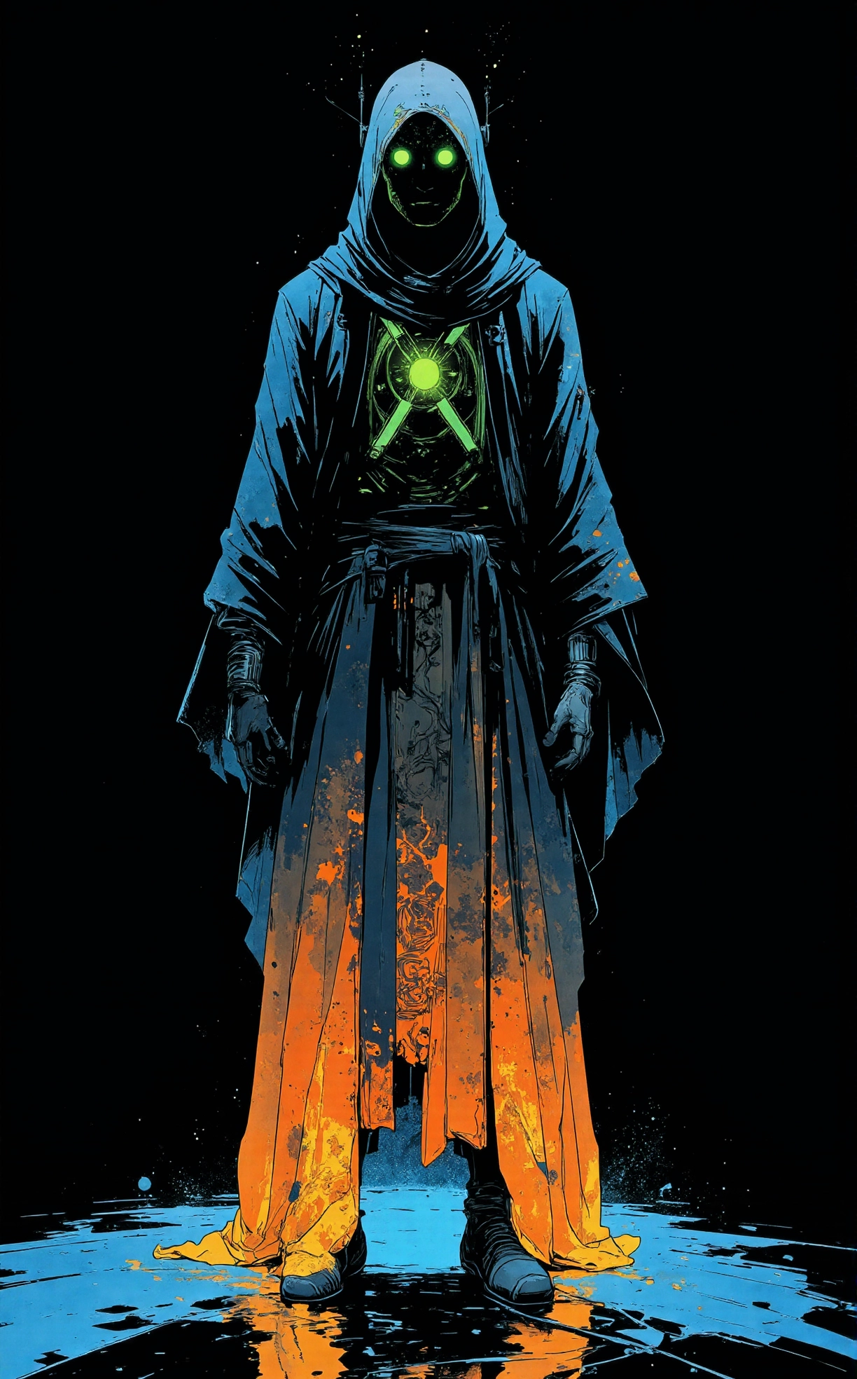 Off-center composition, half-body shot, The image is a digital illustration of a dark and eerie figure. The figure is standing in the center of the image, facing towards the left side of the frame. It is wearing a long, flowing robe with intricate patterns and designs. The robe is made up of multiple layers of fabric, with the top layer being a darker shade of blue and the bottom layer a lighter shade of orange.  The figure's head is covered in a transparent hood that covers its entire face. The hood is also covered in green and blue lights, creating a glowing effect. The eyes are large and round, and the mouth is slightly open, as if it is about to speak. The background is completely black, making the figure stand out even more. The overall mood of the illustration is eerie and mysterious., dark and dim light, anime artwork comic art by Hiroyuki-Mitsume Takahashi, art by Olivier Ledroit, , fantasy art, gothic, detailed, dark, detailed, action-packed, character-driven . graphic illustration, comic art, graphic novel art, vibrant, highly detailed . anime style, key visual, vibrant, studio anime, highly detailed