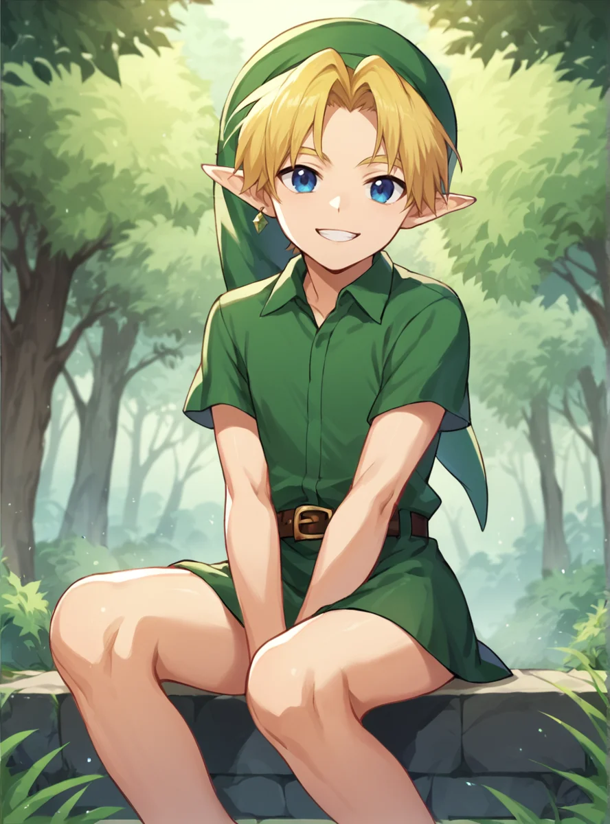 score_9, score_8_up, score_7_up, score_6_up, score_5_up, score_4_up , source_anime, anime screencap <lora:Young_linkPony-03:0.9>younglinkxl,younglink, 1boy, blonde hair, male focus, pointy ears, hat, solo, blue eyes,smile, skirt,sitting, looking at viewer, forest shadow,, hat,belt, green headwear,