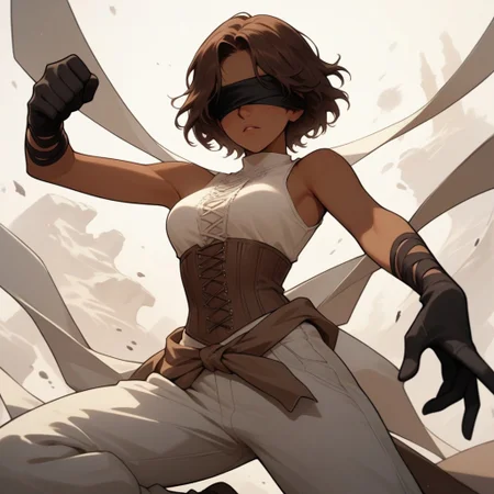Score_9, Score_8_up, Score_7_up, (masterpiece), best quality, blindfolded, perfect face, perfect anatomy, anime girl, slim, medium breasts, hourglass shape, brown hair, short hair, dark skin and freckles, beautiful and trained bodysuit, white sleeveless shirt, brown corset that highlights her breasts and small waist, loose pants with openings on the sides, without shoes and with long black gloves that reach to her elbows, hippie aura
fighting perspective, with a sword in his hand, about to fight, hell
<lora:Concept_Masked_Lady:0.7>,