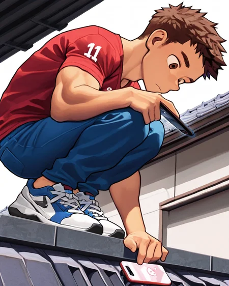 masterpiece, best quality, amazing quality, 1boy, solo, masterpiece, best quality, Brown Hair, Brown Eyes, red t-shirt, blue raglan sleeves, number 11 on shirt, blue pants, sneakers, squatting, on roof ledge, perching, smartphone, on phone, volumetric lighting, breeze style, muscular man,
<lora:Bree_Style_Hv1:1>