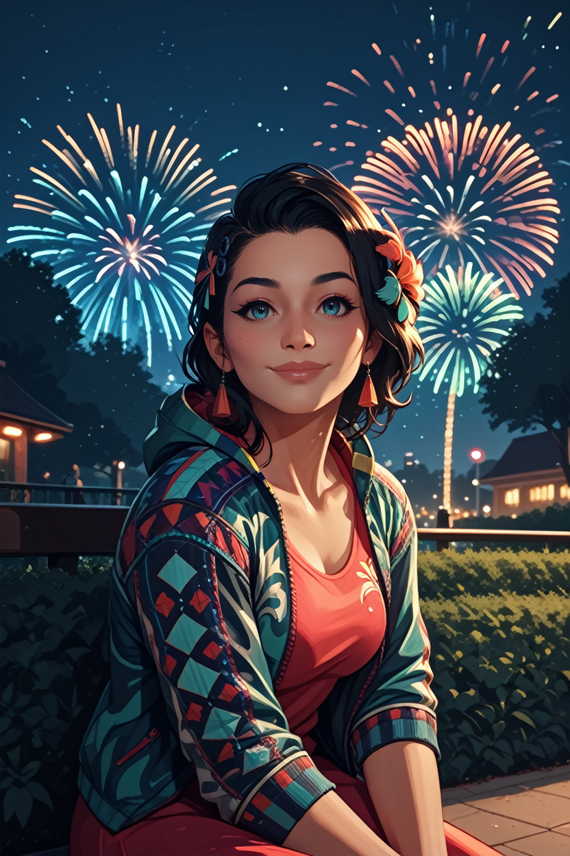 score_9, score_8_up, score_7_up, 
<lora:T8Azucena:0.8>
T8Azucena, 1girl, black hair, blue eyes, hair ornament, looking at viewer, sitting, at night, fireworks, park, looking up, smile