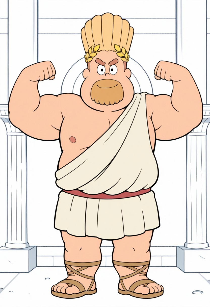 MrFryman, 1boy, male focus, fat, chubby, plump,  beard, black eyes, blond hair, looking at viewer, ancient greece, smile, toga, sandals. laurel crown, tall hair, detailed background, flexing arms, furrowed eyebrows, masterpiece 