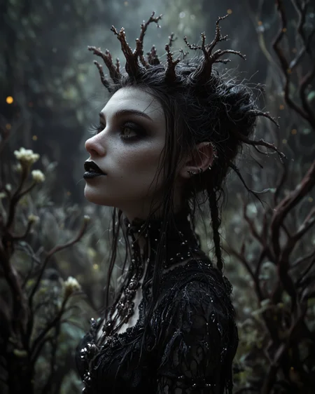 (<greenmageddonPONY>)0.9, the most beautiful girl in the world, an attractive female creature, dark fantasy, goth, detailed background