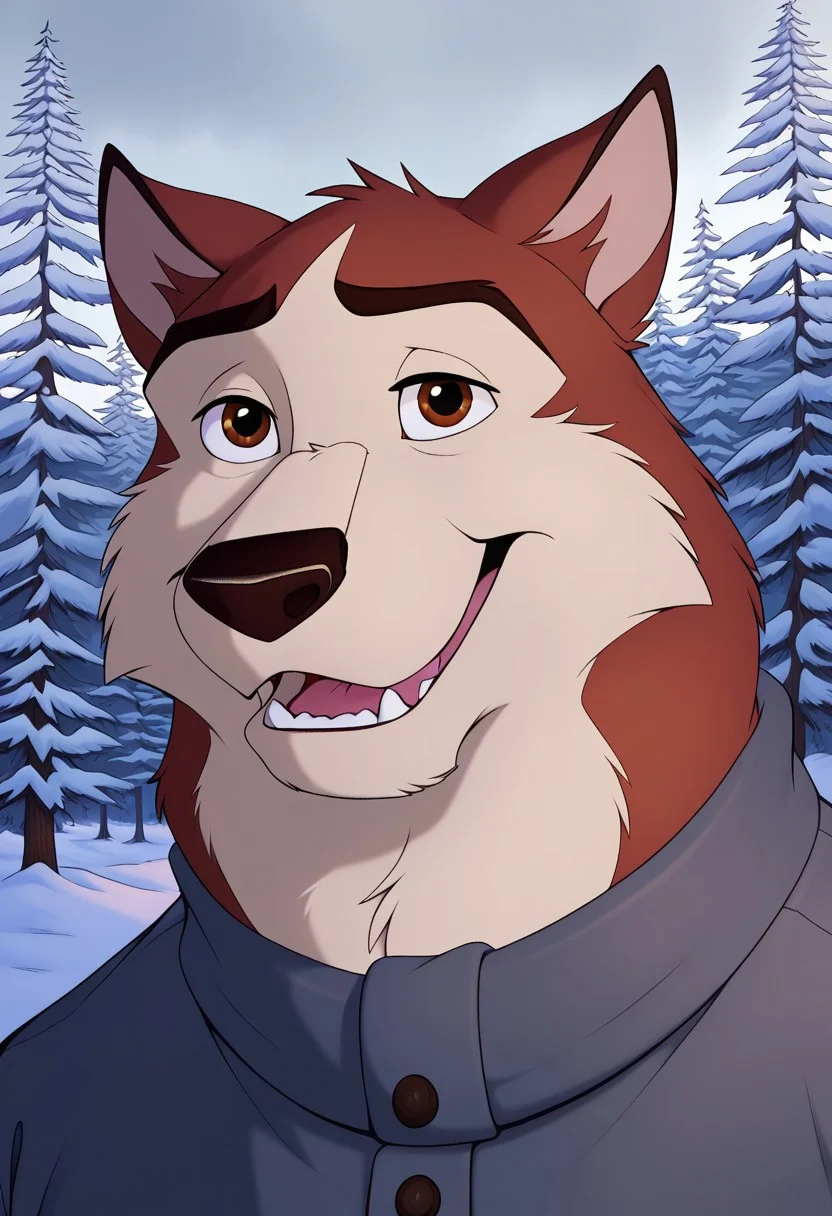 score_9, score_8_up, score_7_up, Kodiak, husky, anthro, solo, 1boy, best quality, hi res, perfect eyes, eyes focus, dark brown eyes, muscular, (shading), soft shading, shirt, forest, stormy, winter, snow, high res, ultra quality, highly detailed, detailed background, Expressive, teeth, happy face
