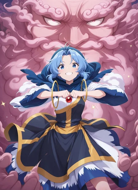 absurdres, highres, masterpiece, best quality, amazing quality, official anime artwork, screencap, anime screencap, 
<lora:Ichirin-Kumoi_Illustrious:1> kumoi ichirin, 1girl, solo, blue eyes, blue hair, short hair, antenna hair,, blue capelet, hooded capelet, hood up, white dress, long sleeves, holding hoop,
outdoors, looking at viewer, open mouth, happy, dynamic pose, unzan, sparkle, light particles, grin, fist bump, red pendant,  kesa,  hoop, serious,