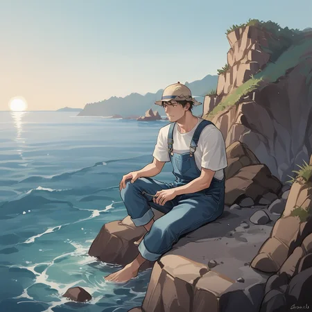score_9, score_8_up, score_7_up, score_6_up, score_5_up, score_4_up, zPDXL2,source_anime,rating_questionable, <lora:Coast:0.8> co4st, outdoors, ocean, rock, cliff, 1boy, solo, white shirt, blue overalls, fishing hat, sitting,