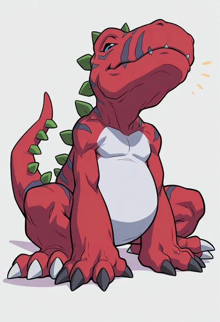 masterpiece,best quality,amazing quality, ultra high detail, good anatomy, perfect anatomy, anatomically correct hands, ultra detailed face, solo, , handsome, male only, Tyrannomon, Tyranomon, Digimon, Digital, Monster, red body, green spines, blue eyes, white belly on just tyrannomon,, three fingers, three toes, feral, buff, male only, tail in view, smile, sitting, eyes closed, happy, playful, rawr