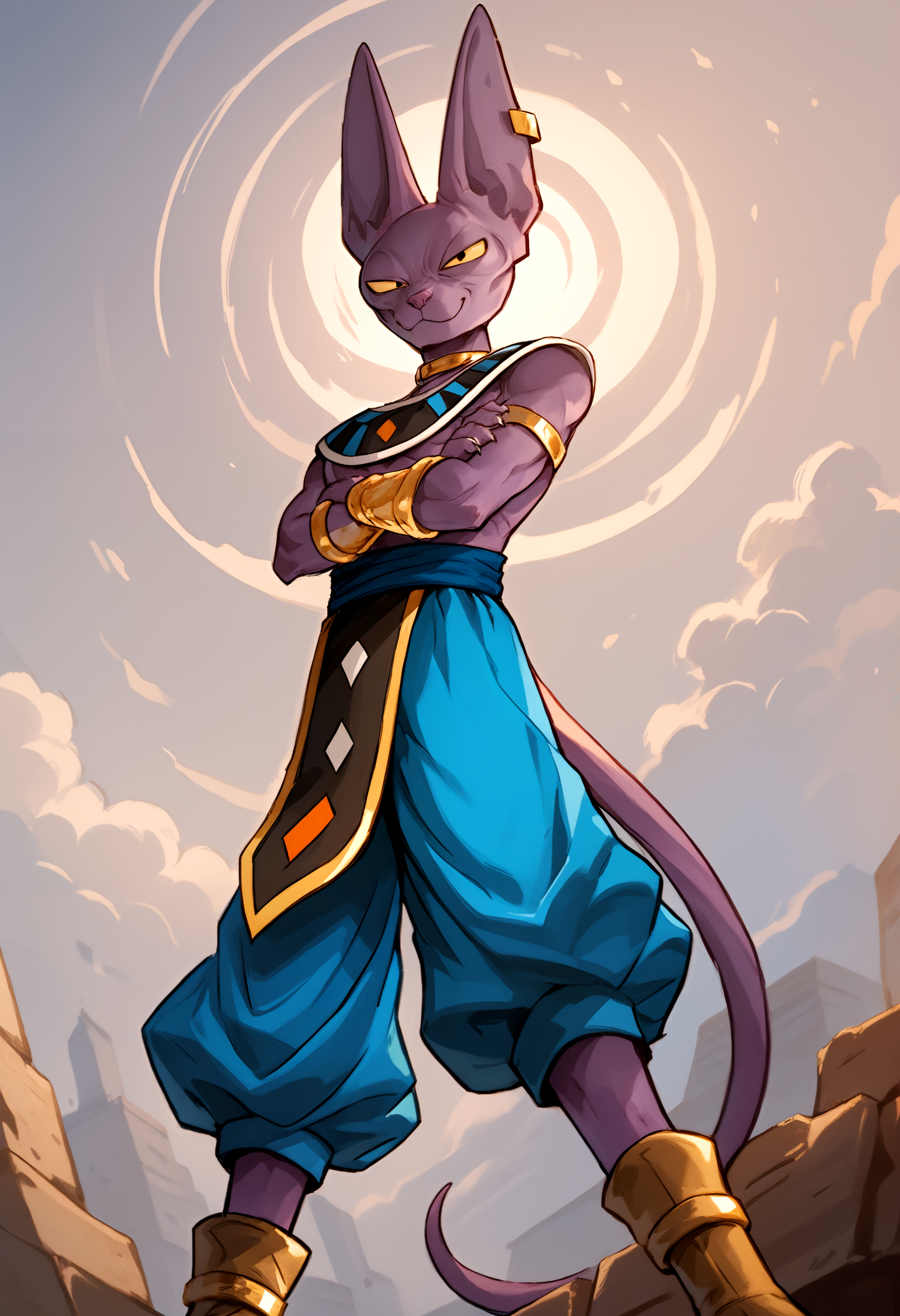 score_9, score_8_up, score_7_up, anthro only, furry only, 1boy, solo,  <lora:BeerusPony-000002>, 1boy, solo, beerus, cat boy, purple skin, collar,  egyptian clothes, gold armlet, gold choker, gold earring, single earring, yellow sclera, black eyes, looking at viewer, baggy pants, boots, floating, crossed arms, looking at viewer, smug, displaying power,  outside,
