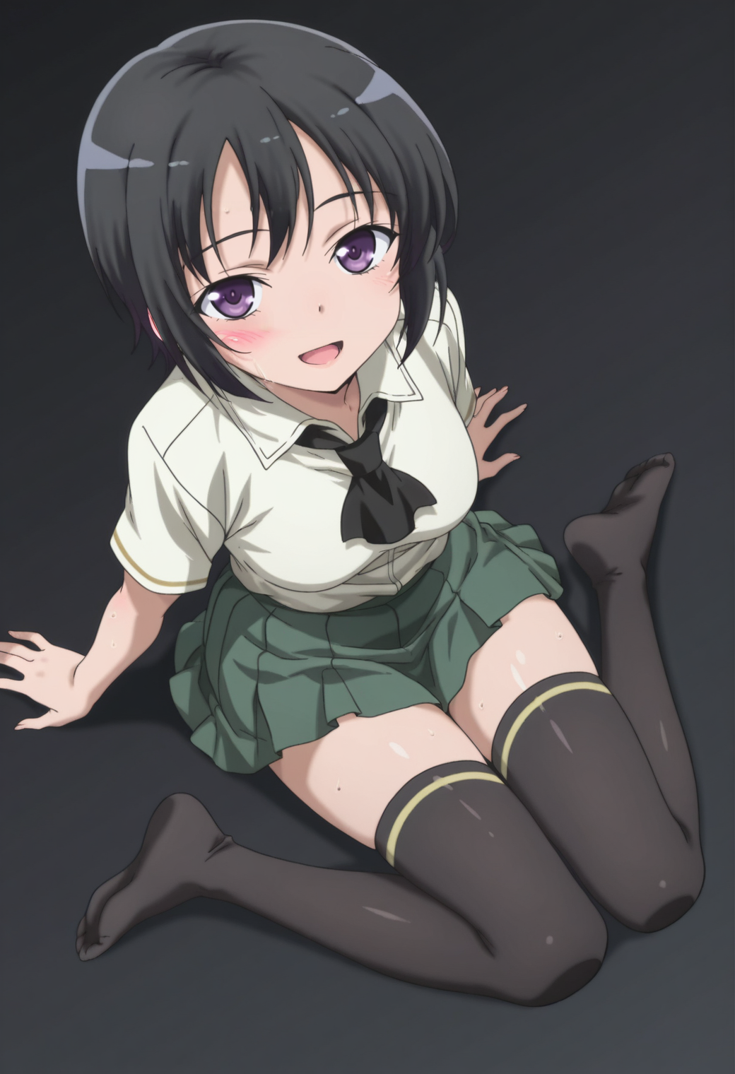 anime screencap, anime coloring, , <lora:DX888Yozora:1> mikazuki yozora, purple eyes, black hair, short hair,, green skirt, white shirt, school uniform, ascot, pleated skirt, black thighhighs, zettai ryouiki,  BREAK  black background, heaven condition,( simple background:1.2), BREAK 
 1girl, arm support, blush, breasts, feet, from above, looking at viewer, looking up, open mouth, sitting, smile, soles, solo, sweat,