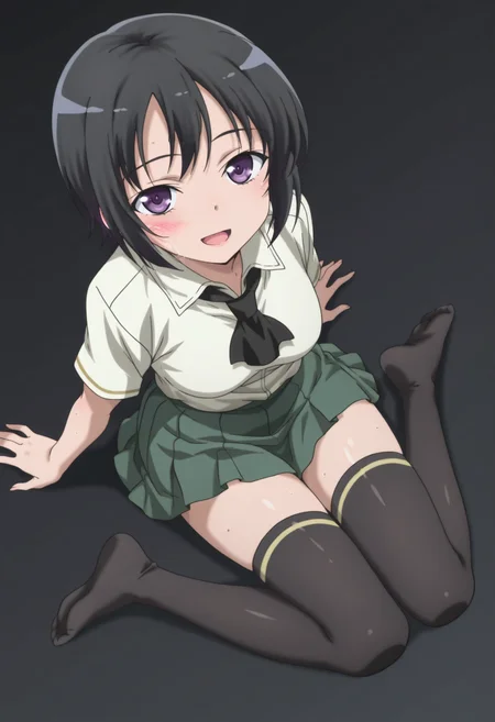anime screencap, anime coloring, , <lora:DX888Yozora:1> mikazuki yozora, purple eyes, black hair, short hair,, green skirt, white shirt, school uniform, ascot, pleated skirt, black thighhighs, zettai ryouiki,  BREAK  black background, heaven condition,( simple background:1.2), BREAK 
 1girl, arm support, blush, breasts, feet, from above, looking at viewer, looking up, open mouth, sitting, smile, soles, solo, sweat,