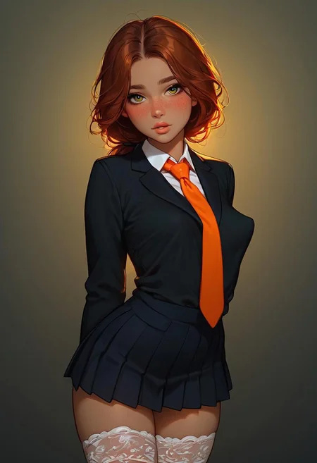 score_9, score_8_up, score_7_up, score_6_up, score_5_up, score_4_up, Expressiveh, 18 year old girl, (((cute innocent girl))), ((petite)), slender body, skinny girl with small breasts, ((covered breasts)), perky breasts, (breasts apart:0.5), ((freckles)), ((perfect lips)), slim legs, medium AUBURN hair, messy hair, (low ponytail), blushing, flawless skin, tan skin,
posing, standing outside school, looking at viewer, embarrassed expression, lips parted:1.5, legs together, looking nervous, wearing school uniform, deep green blazer over white button-up shirt, ((orange tie)), long sleeves, green and orange pleated skirt, (((white lace stockings))), fully clothed,
daylight scene, outdoor background, parking lot, professional lighting,