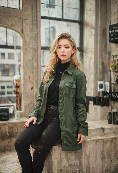 ((a beautiful woman in a Hair Salon, green and dark brown color Palette, urban city  window view)), 
bust shot, close-up lips, 
modern interior design, cyberpunk, 
Recliner|Dressing table|Table lamp|Screen|Monitor|Signboard_Details,
Metal|Glass|Leather|Textiles|Carpet|Pillow_Texture,
perfect blonde hair, 
(modern photo, fashion dress up:1.1), 24mm, (analog, cinematic, film grain, hazy atmosphere, detailed eyes, (seductive), (epicPhoto), (looking at viewer), (cinematic shot:1.3),
ac_neg1, great lighting, extremely detailed, happy, Hair Salon, impressionist painting, zoya