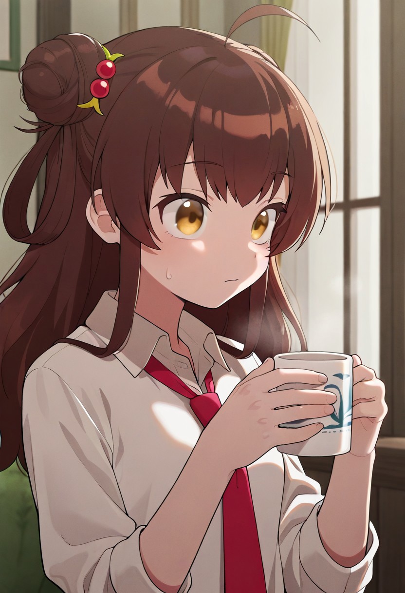 masterpiece,best quality,amazing quality, raspberry meg, long hair, brown hair, golden eyes, hair bun, 1girl, necktie, hair ornament, solo, shirt, white shirt, red necktie, indoors, holding, collared shirt, cup, closed mouth, ahoge