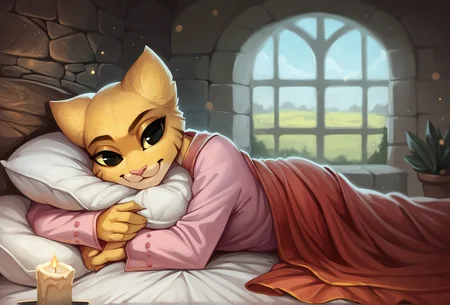 score_9, score_8_up, score_7_up, score_6_up, score_5_up, score_4_up, realistic, depth of field, bokeh, medieval, stone wall, bedroom, bed, window, blanket timber framing, plant, dust,red blanket, candle BREAK
<lora:katia_managan_ponyXL_v1.2:1> 1girl, katia managan, furry, cat girl, solo, black eyes, solid circle pupils, laying, on side, (pillow hug:1.2), pink pajamas, smile, looking at viewer, <lora:Styles for Pony Diffusion V6 XL (Oil Gothic):0.5>, (oil painting \(medium\):0.5),