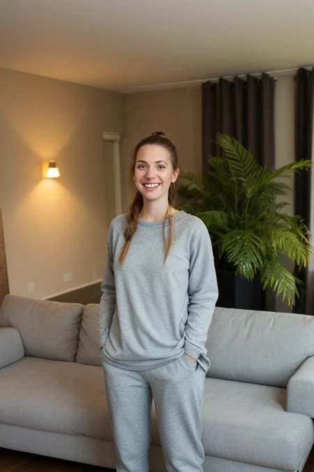 30yo American woman wearing comfy clothes of varying colors [red, black, white, yellow, green, blue, cyan].
Dark black smooth long hair ponytail. smiling.
Looking at camera.
Dynamic varying pose.
LivingRoom. Sofa. Night time, Yellow light ceiling. Furnished. Plants, decoration.
Comfy vibe.
Night time, dark.