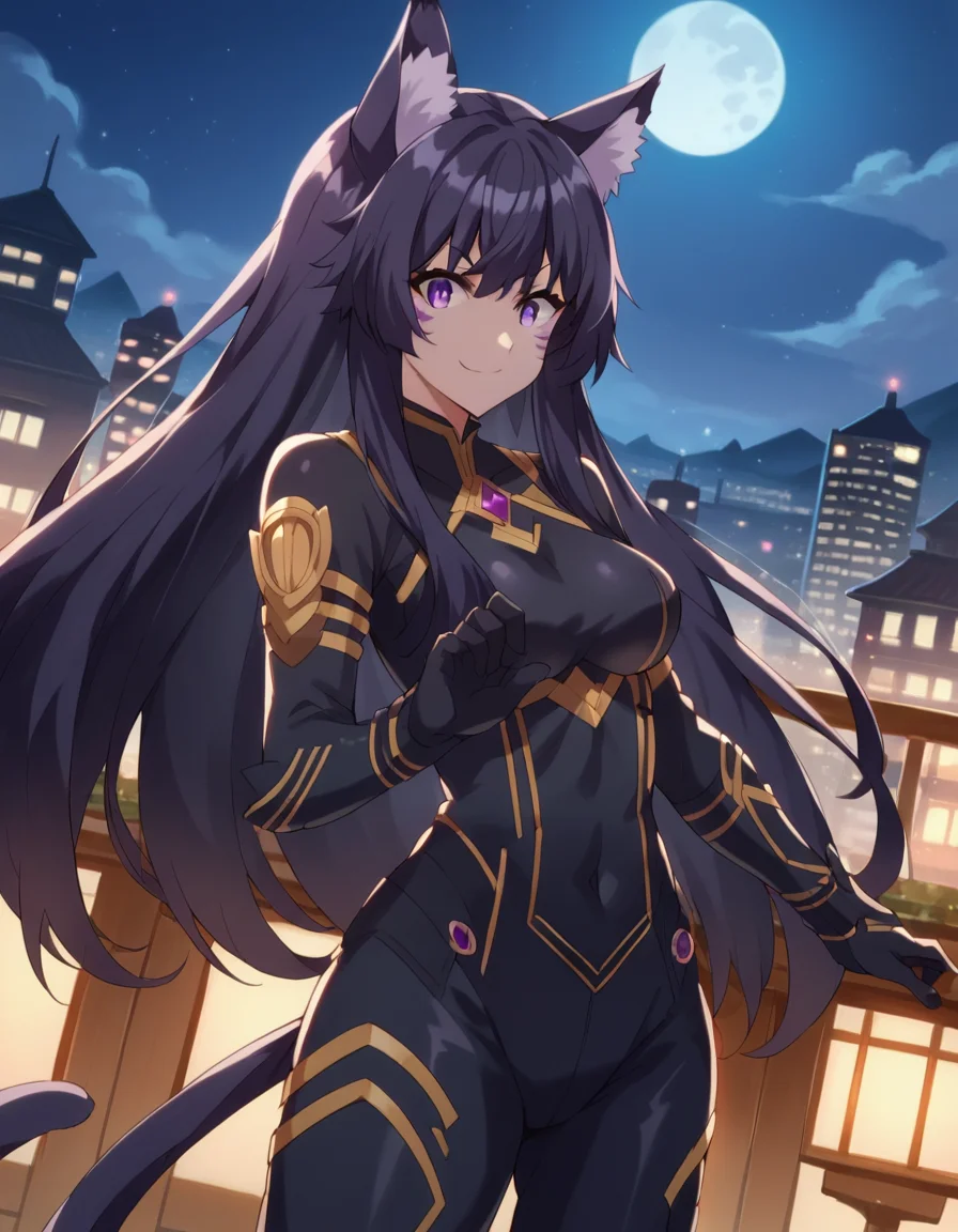 score_9, score_8_up, score_7_up, source_anime,
shadowdelta, <lora:shadow-delta-ponyxl-lora-nochekaiser:1>,
delta, long hair, black hair, animal ears, purple eyes, cat ears, animal ear fluff, facial mark, smile,
bodysuit, black bodysuit,
outdoors, cityscape, night, moon,
looking at viewer, cowboy shot, dutch angle,