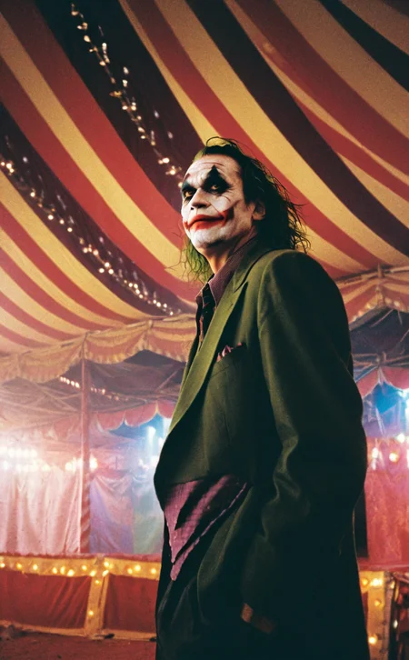 leogirl, realistic photography, The Joker, shrouded in carnival-esque, multicolored spotlights, stands in the middle of a chaotic circus tent. His manic grin becomes even more unsettling under the harsh, unnatural lighting, close up, <lora:add-detail-xl:0.3>, perfecteyes, <lora:PerfectEyesXL:0.4>