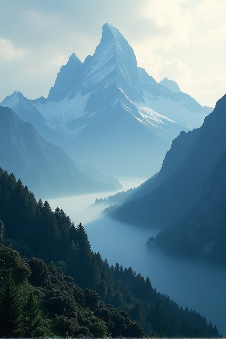 their peaks veiled in mist. great lighting, A surreal landscape highly detailed . extremely high-resolution details, appears trapped in an optical illusion of reflections and refractions colorful , professional photography, natural lighting, volumetric lighting maximalist. intricately detailed, complex, elegant, expansive, fantastical, film photography style, in the distance layers of mountains strech to the horizon in shades of blue, mysterious fog envelops the landscape, adding depth and atmosphere to the composition, ultra-detailed, hyper-detailed, ambient lighting, (masterpiece), (Amazing quality), (phenomenal aesthetic), cinematic moment, 8K<lora:FLUX_Ghibsky_Illustrations.safetensors:0.8:1.0>âââ